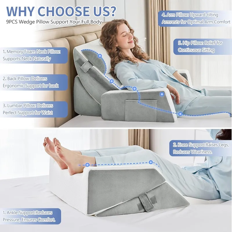 Yojoker 9PCS Orthopedic Bed Wedge Pillow Set for Sleeping, White
